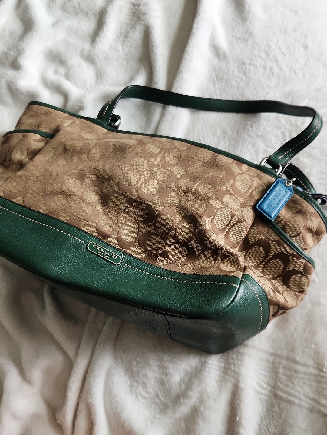 Coach Brown Signature Canvas Shoulder Bag With Green Leather Trim